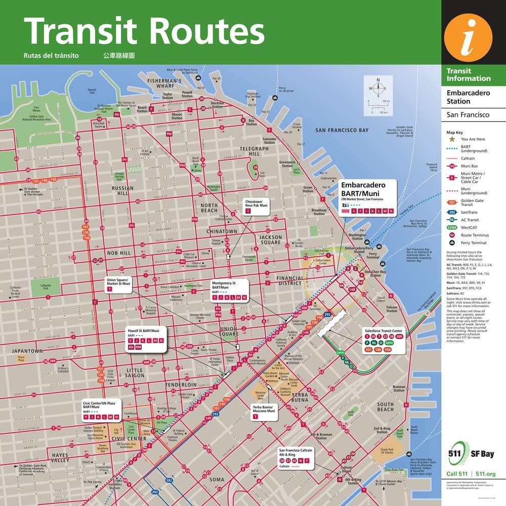 Transit Routes Map for Embarcadero Station Station